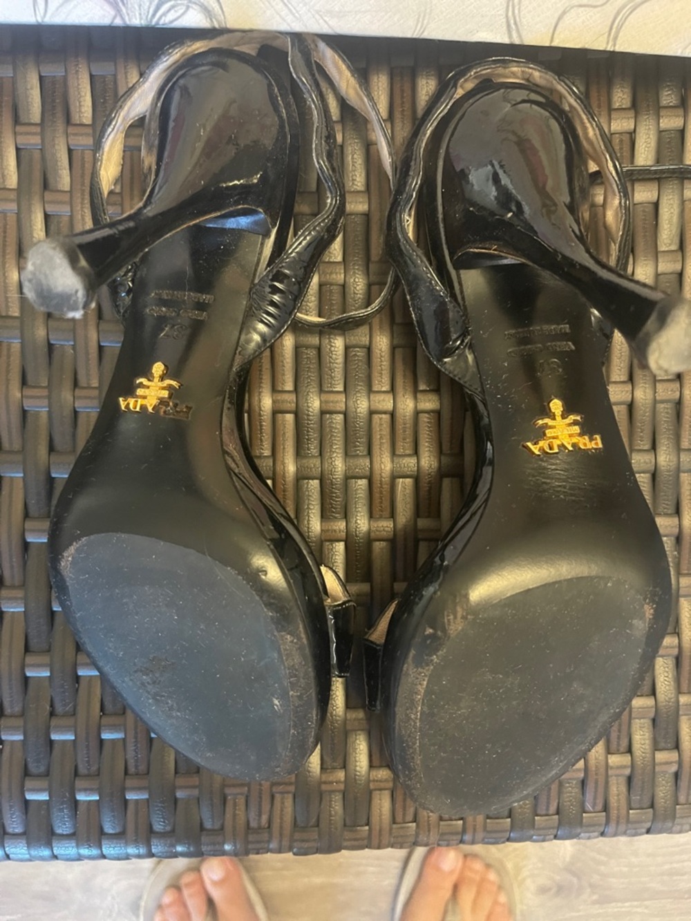 Prada Black Patent Scalloped Open-Toe Ankle-Strap Heels - Picture 3 of 4